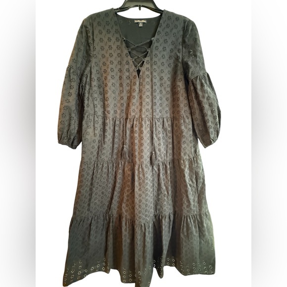 Brooks Brothers Eyelet Midi Dress Black size 12 Boho Peasant Cotton Lined - Picture 1 of 16